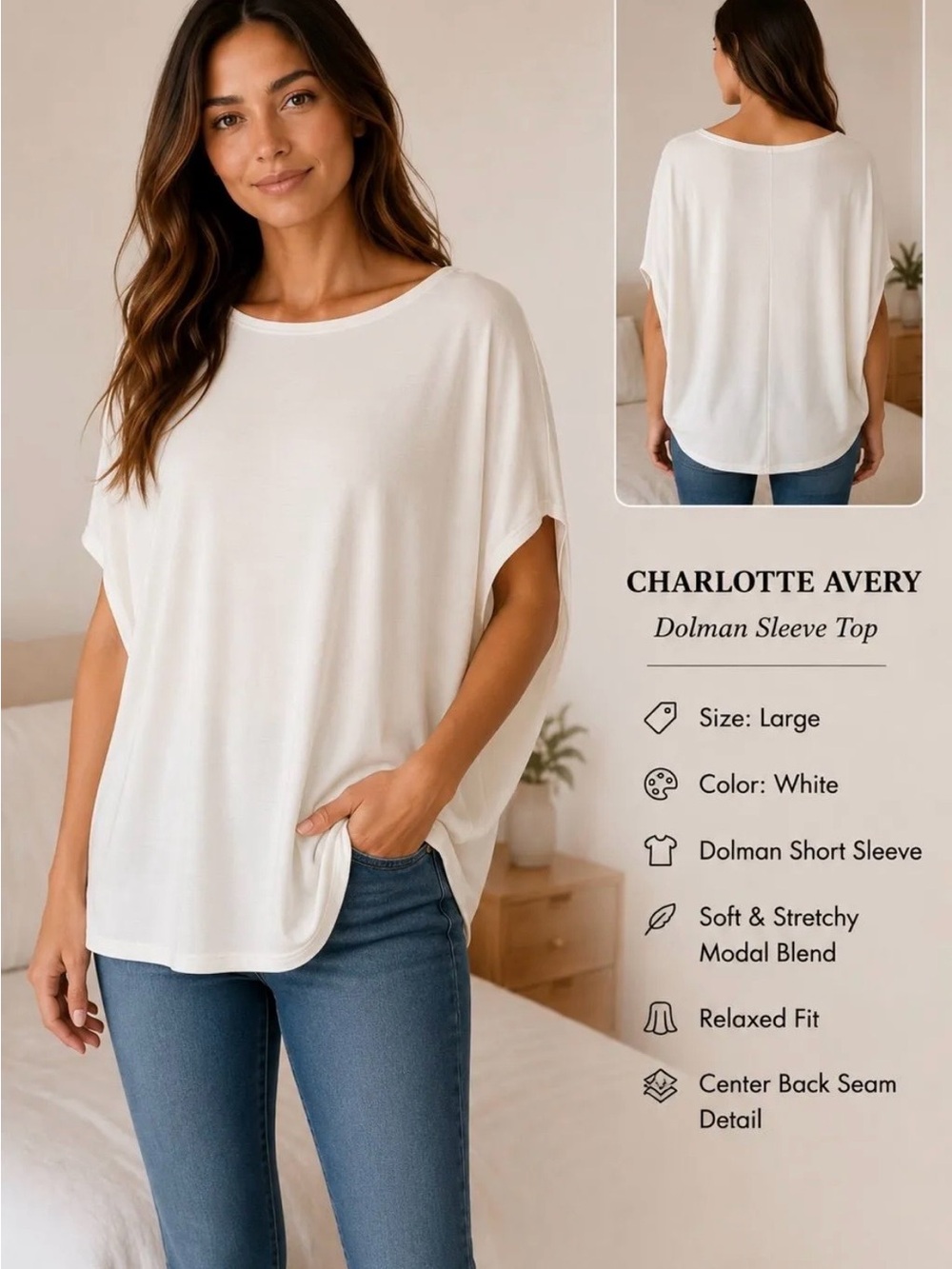 Charlotte Avery White Dolman Sleeve Tunic Top
